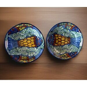 VTG Mexican Talavera Folk Art Ceramic Bowl Set Hand Painted Fish Redware 7.25"